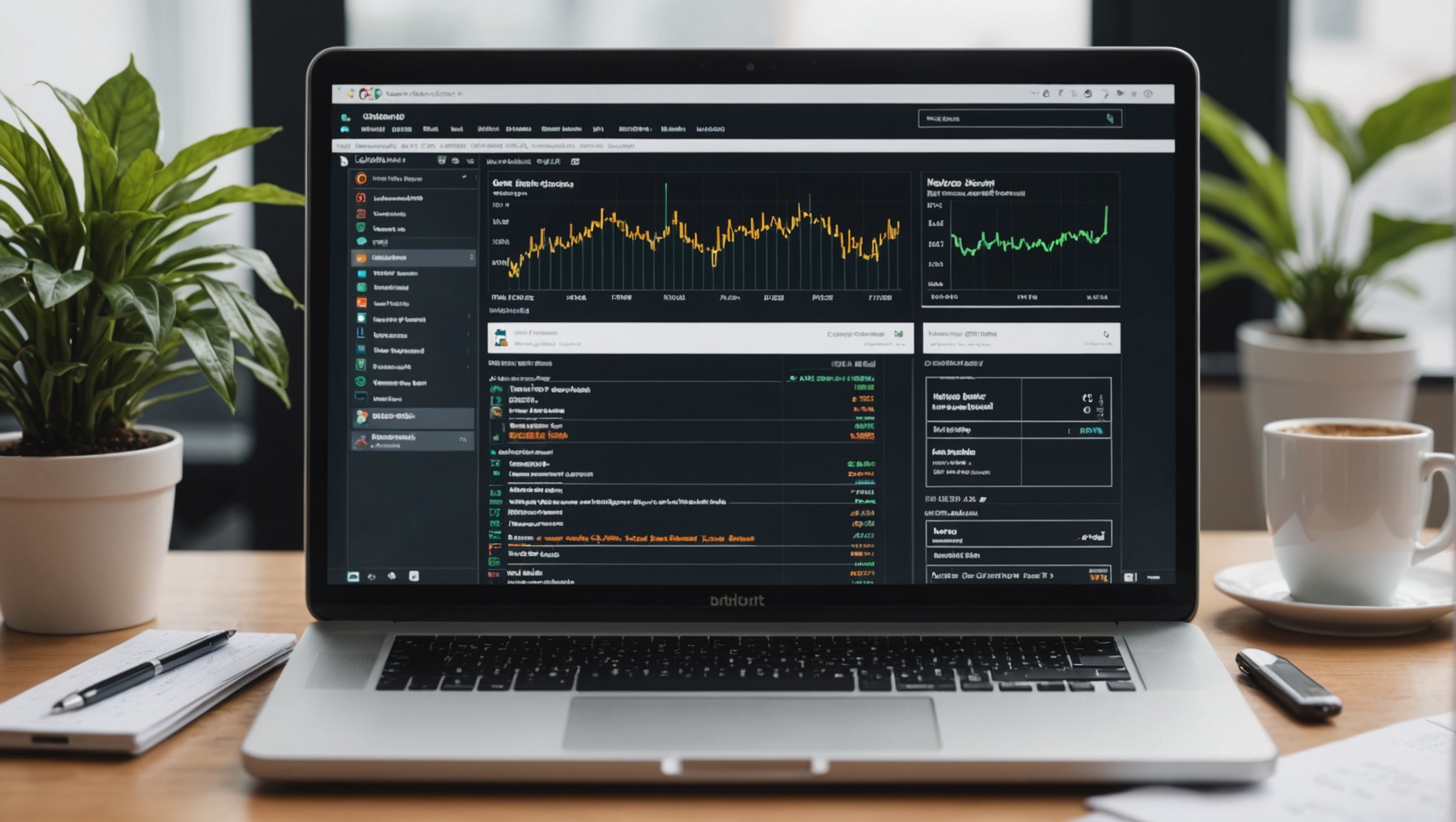 Ноутбук с открытыми графиками акций и данными на столе, рядом кофе и блокнот.