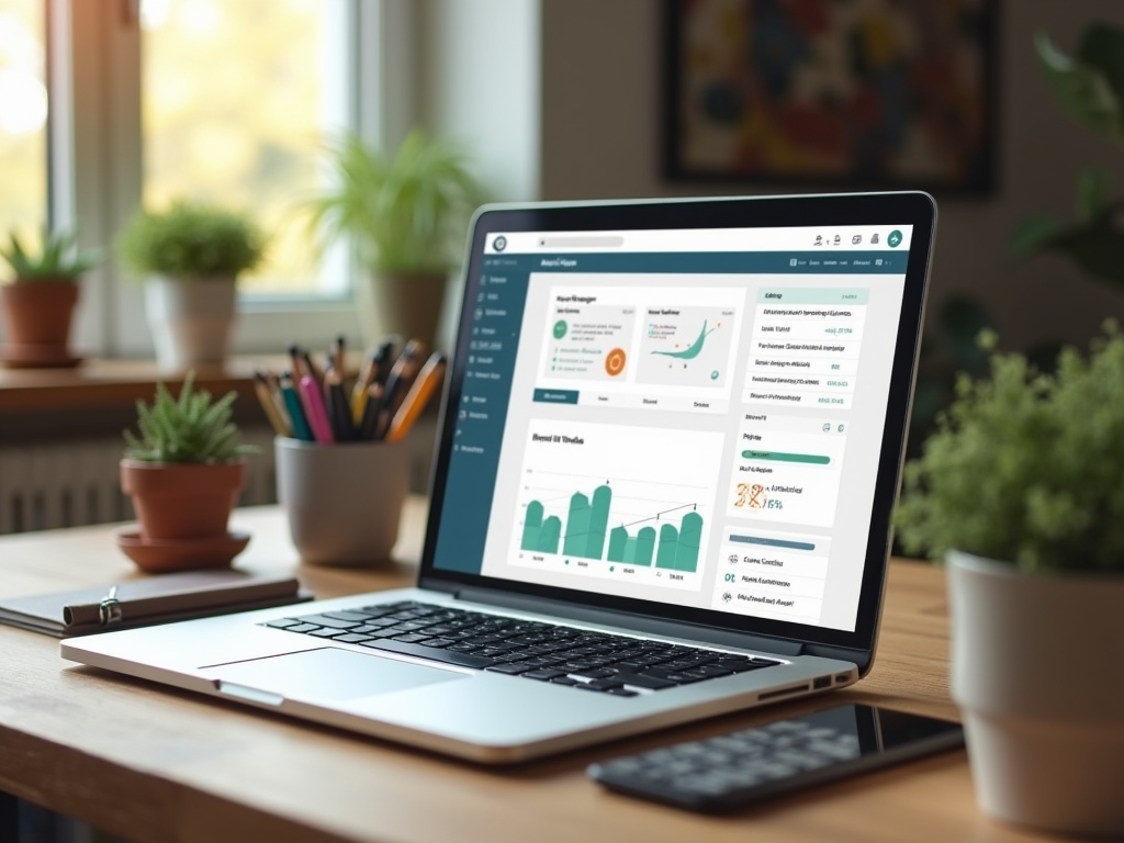 Ноутбук на столе с открытым графическим интерфейсом аналитики на экране, рядом растения в горшках.