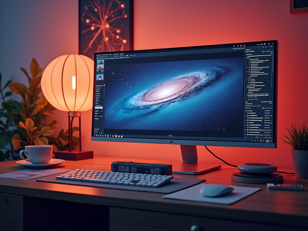Домашний офис с монитором, отображающим галактику, и настольной лампой в тёплом свете.