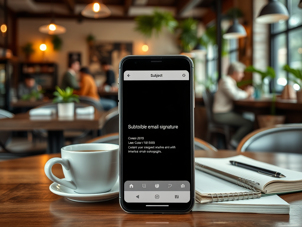 На столе стоит кофе и открытый ноутбук, на экране телефона отображается подпись к электронному письму.