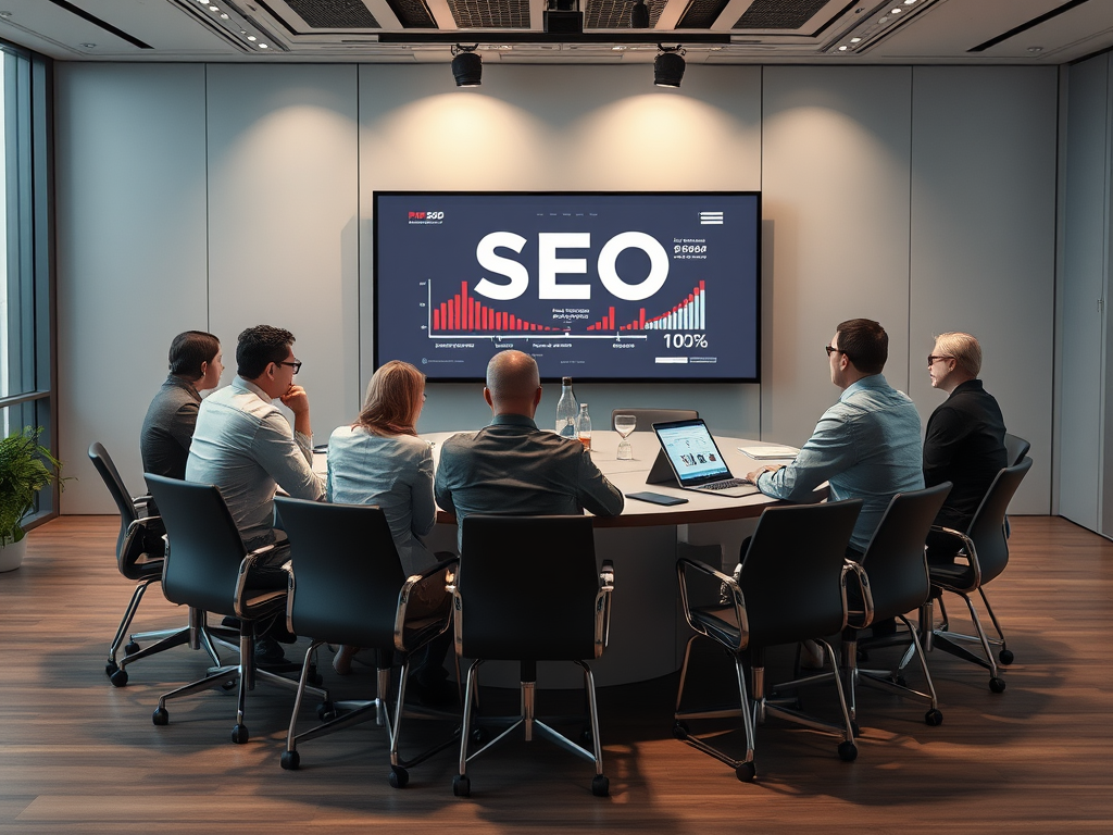 На собрании несколько человек обсуждают графики SEO на экране в современном офисе.