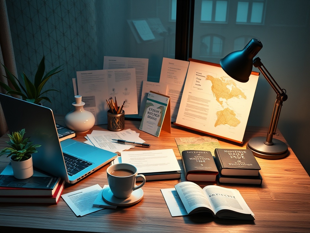 Стол с компьютером, книгами, чашкой кофе и настольной лампой. Уютная атмосфера для работы или учебы.