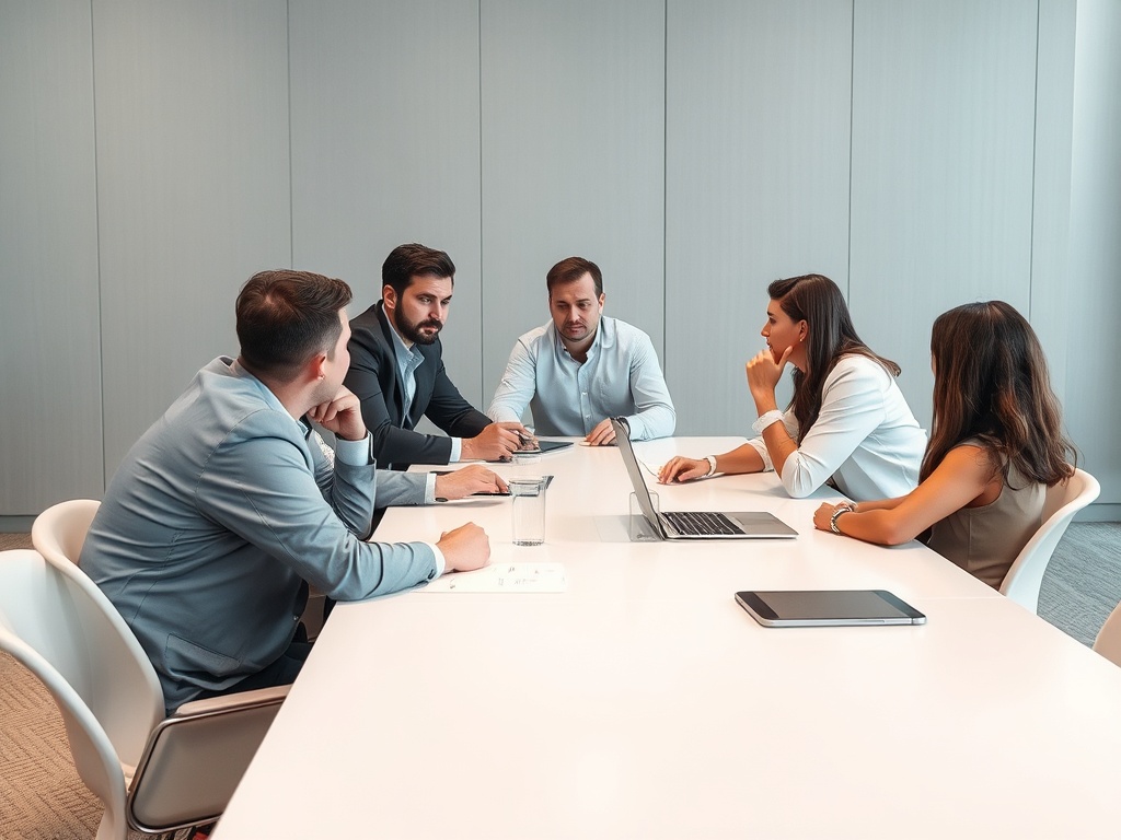 Группа людей обсуждает вопросы на встрече в современном офисе, сидя за длинным столом.