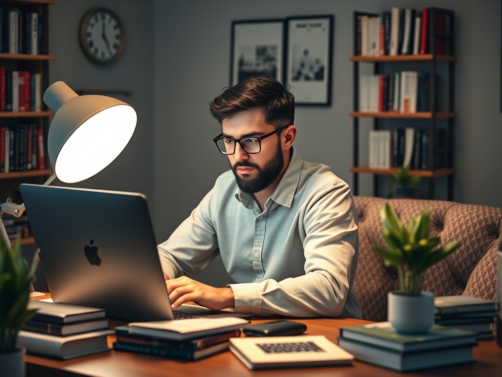 Молодой человек сидит за столом, работает на компьютере в уютном кабинете с книгами и растениями.
