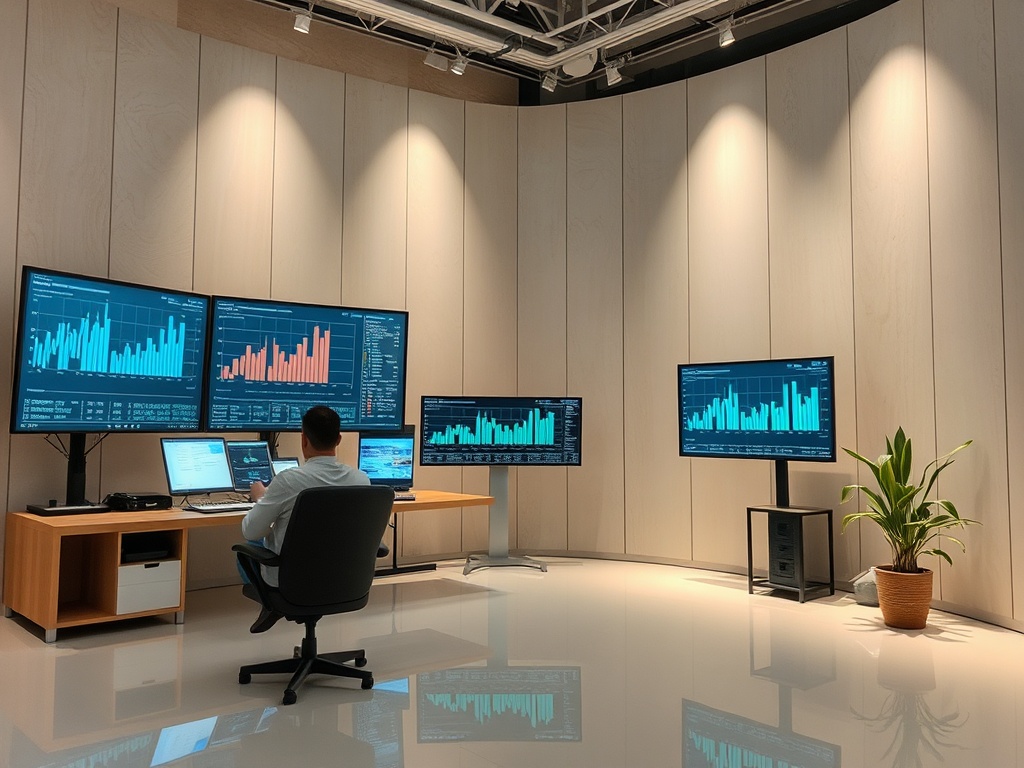 Человек за столом с несколькими мониторами, анализирующими данные и графики в современном офисе.
