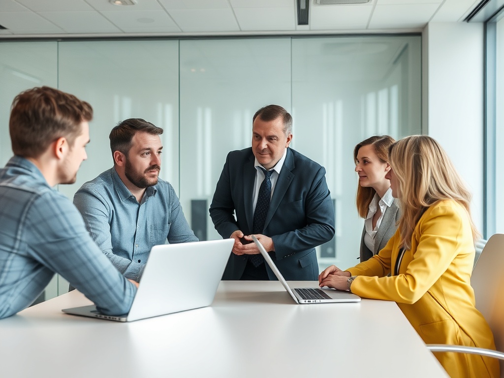 На встрече обсуждаются бизнес-вопросы, участники работают на ноутбуках и активно взаимодействуют.