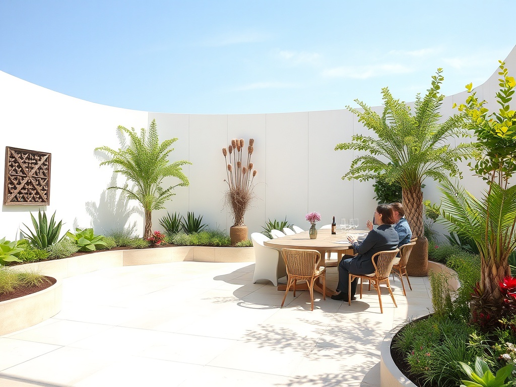 Два человека сидят за столом в зеленом саду, наслаждаясь солнечным днем и атмосферой спокойствия.