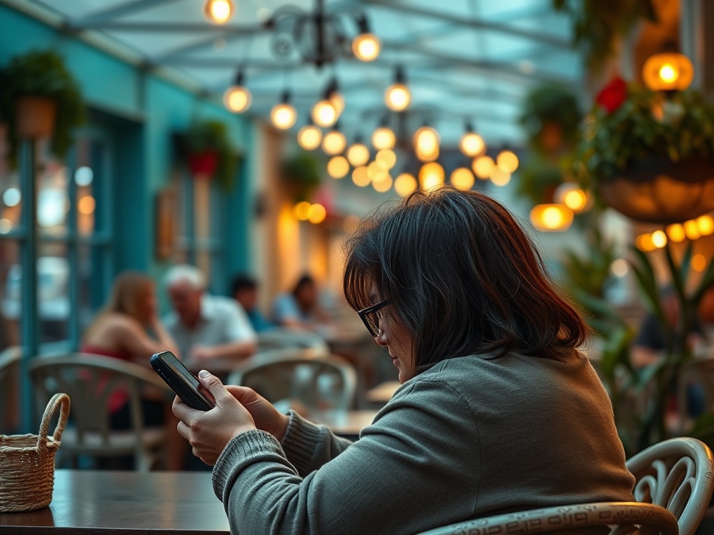 Женщина с короткими волосами сидит в кафе и смотрит на свой телефон, вокруг уютная атмосфера.