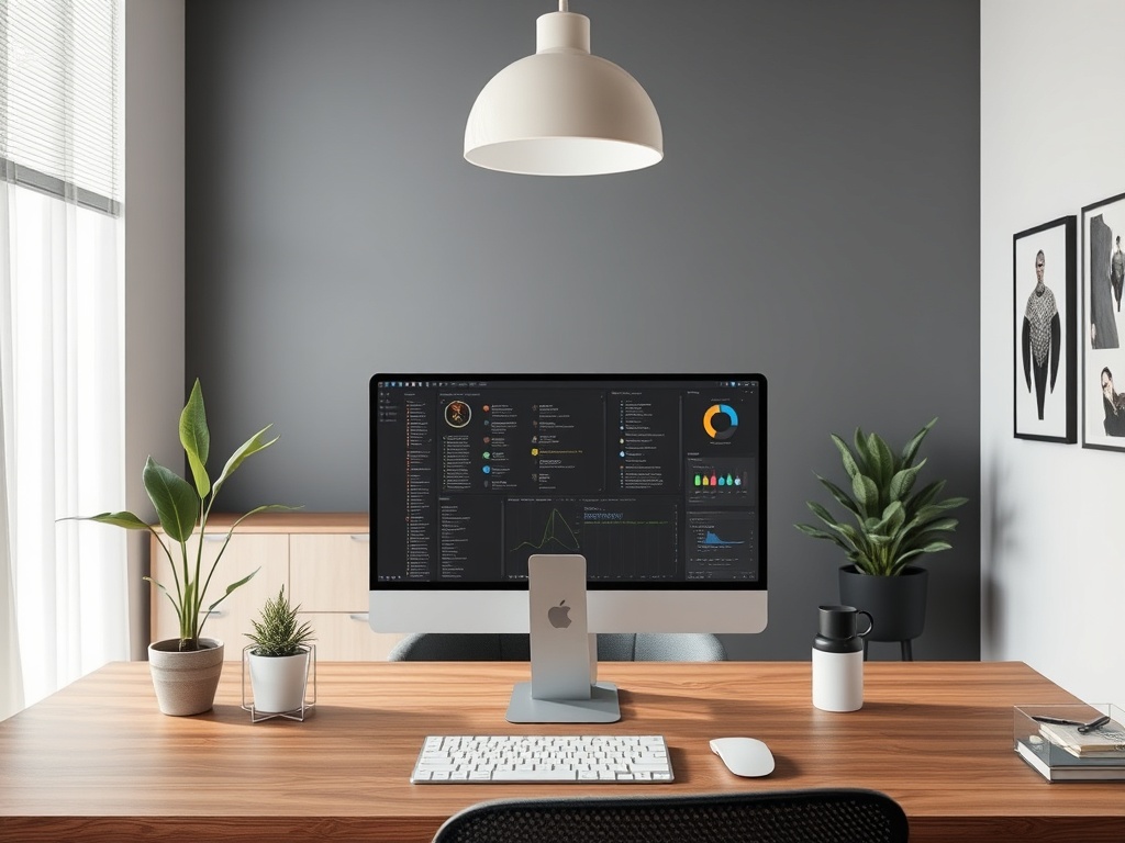 Современный офис с компьютером, растениями, кофе и стильным декором на стенах.