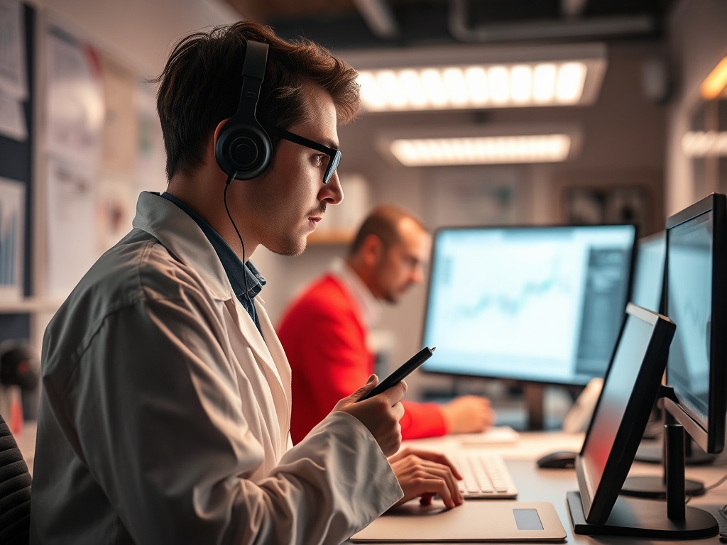 На изображении мужчина в белом халате с наушниками работает за компьютером. На заднем плане другой человек.